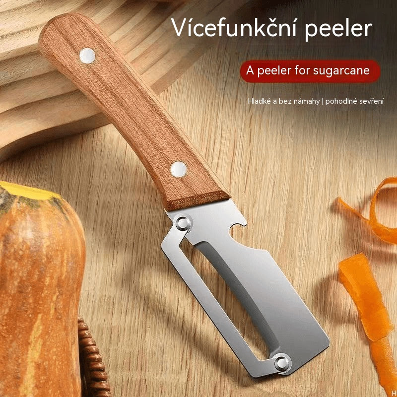 🔪🔥Multifunkční kuchyňská škrabka s ultra ostrými čepelemi z nerezové oceli a dřevěnou rukojetí, s otvírákem na lahve.