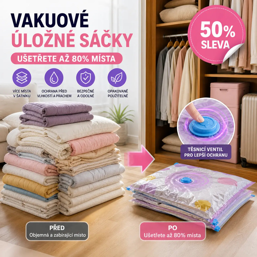 【Sada 5 kusů】 Velký, stlačitelný vakuový úložný sáček: není potřeba pumpička, nepropustný a ideální pro úsporu místa v kufrech i doma