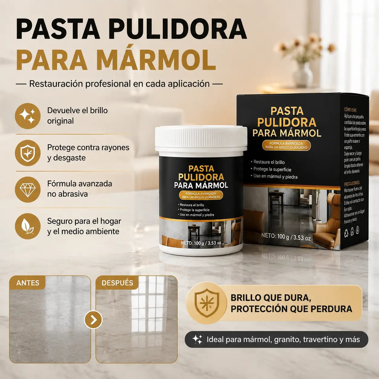 ✨ Leštící pasta na mramor: Odstraňuje škrábance, obnovuje lesk a chrání povrch.