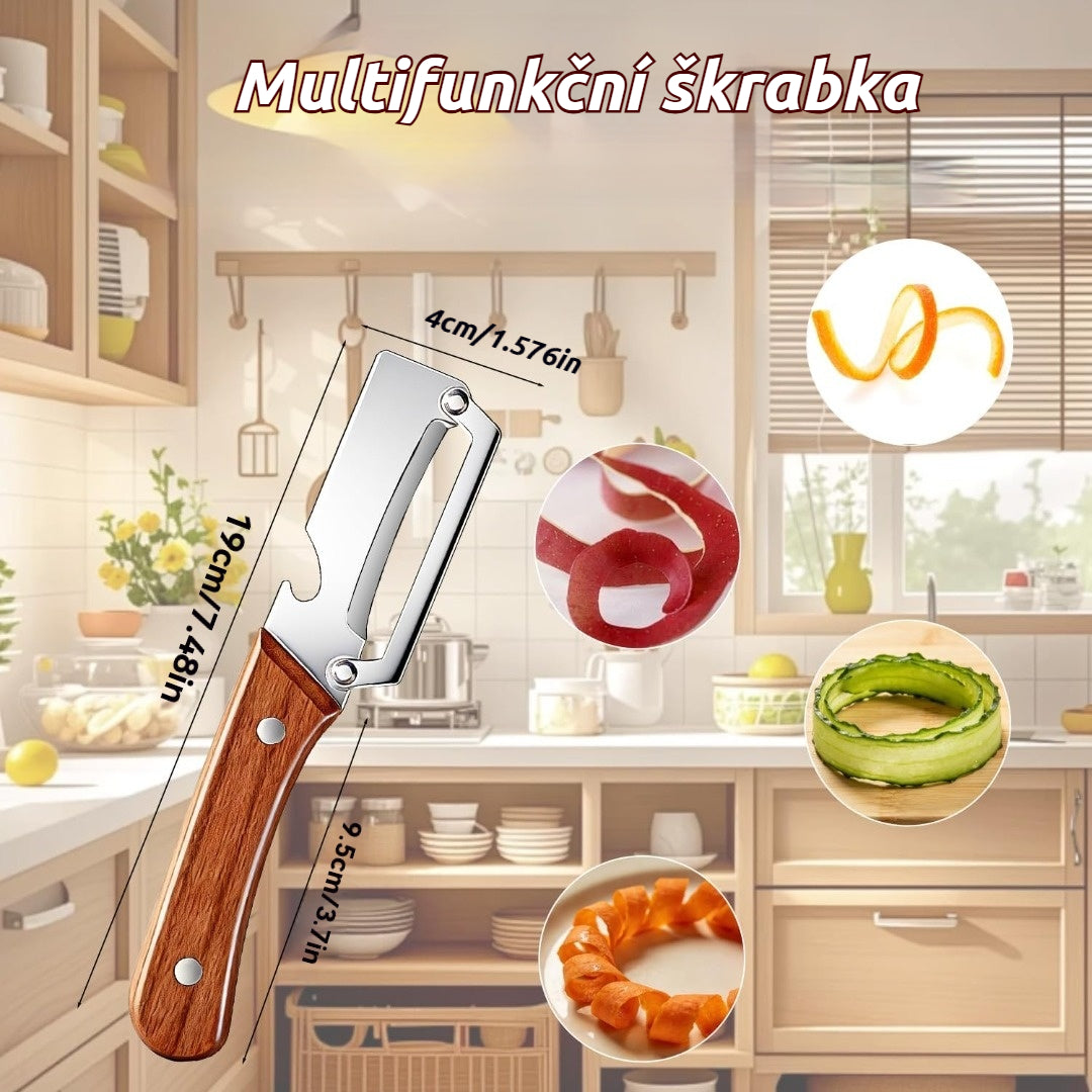 🔪🔥Multifunkční kuchyňská škrabka s ultra ostrými čepelemi z nerezové oceli a dřevěnou rukojetí, s otvírákem na lahve.