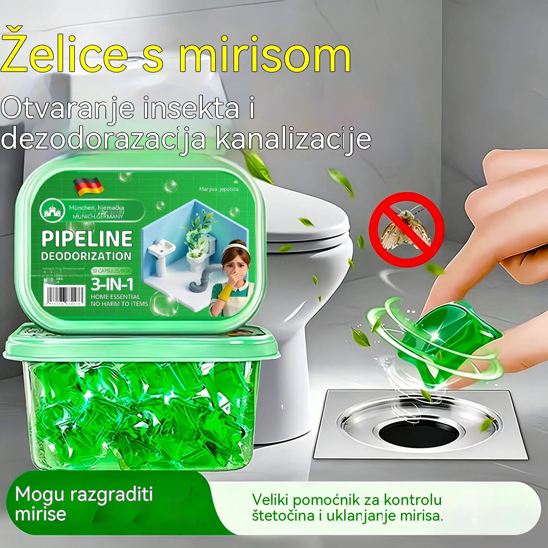 Balení 3 krabiček (celkem 150 kapslí): Bio-enzymatické kapsle k odstranění zápachu z odpadů.