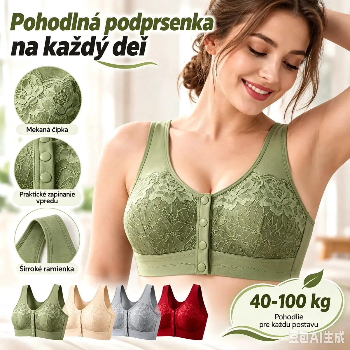 【3-dílná sada】【40-100 kg】Dámská krajková podprsenka bez kostice s pohodlnou přezkou vpředu