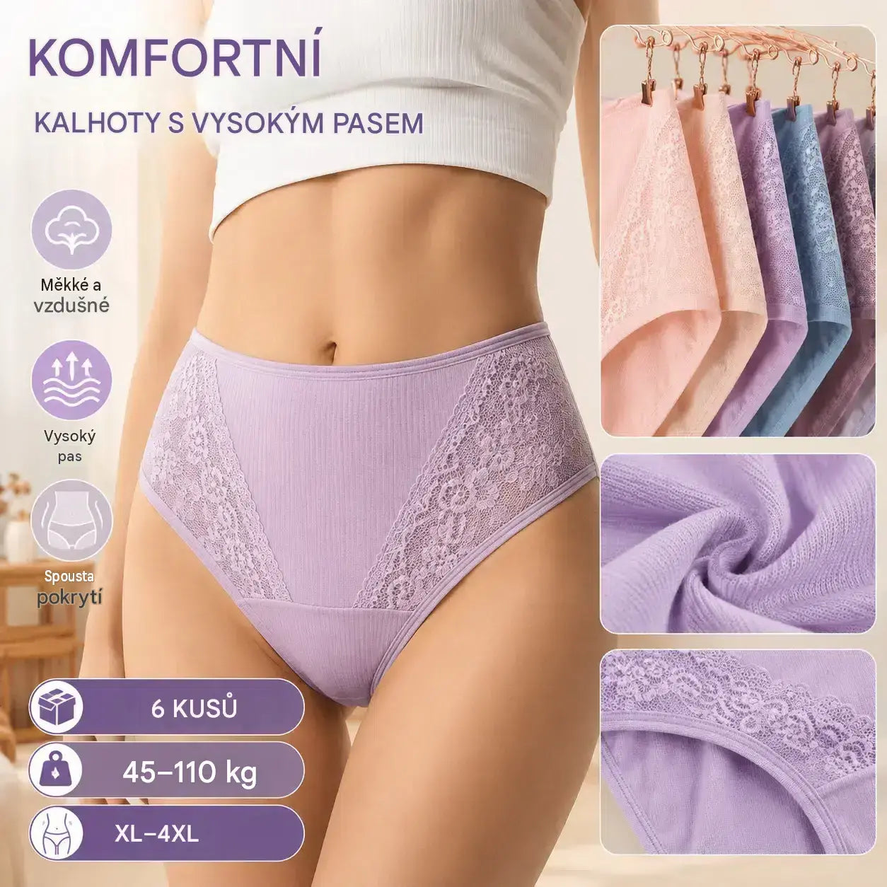 🔥🩲【6 kusů 620 Kč】Poslední den - sleva 50 % - Antibakteriální kalhotky s vysokým pasem pro kontrolu bříška