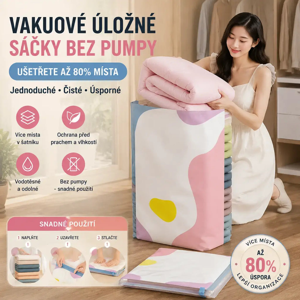 【Sada 5 kusů】 Velký, stlačitelný vakuový úložný sáček: není potřeba pumpička, nepropustný a ideální pro úsporu místa v kufrech i doma