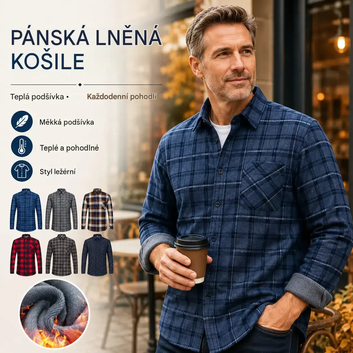 🔥【Poloviční cena】1 kus: 620 Kč 👔【L-5XL】Teplá společenská košile s dlouhým rukávem