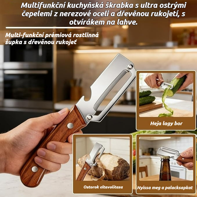 🔪🔥Multifunkční kuchyňská škrabka s ultra ostrými čepelemi z nerezové oceli a dřevěnou rukojetí, s otvírákem na lahve.